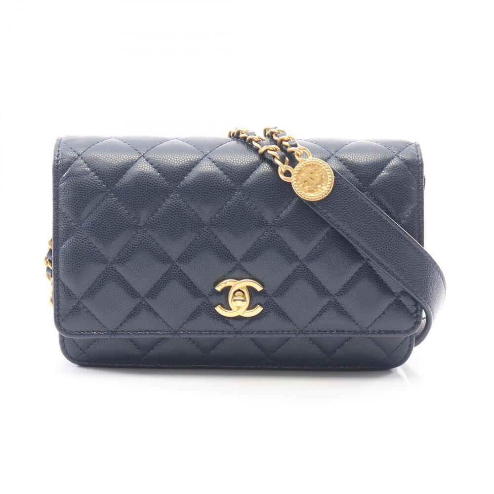 Chanel Matelasse Shoulder Bag Caviar Leather Grained Calfskin Navy Blue